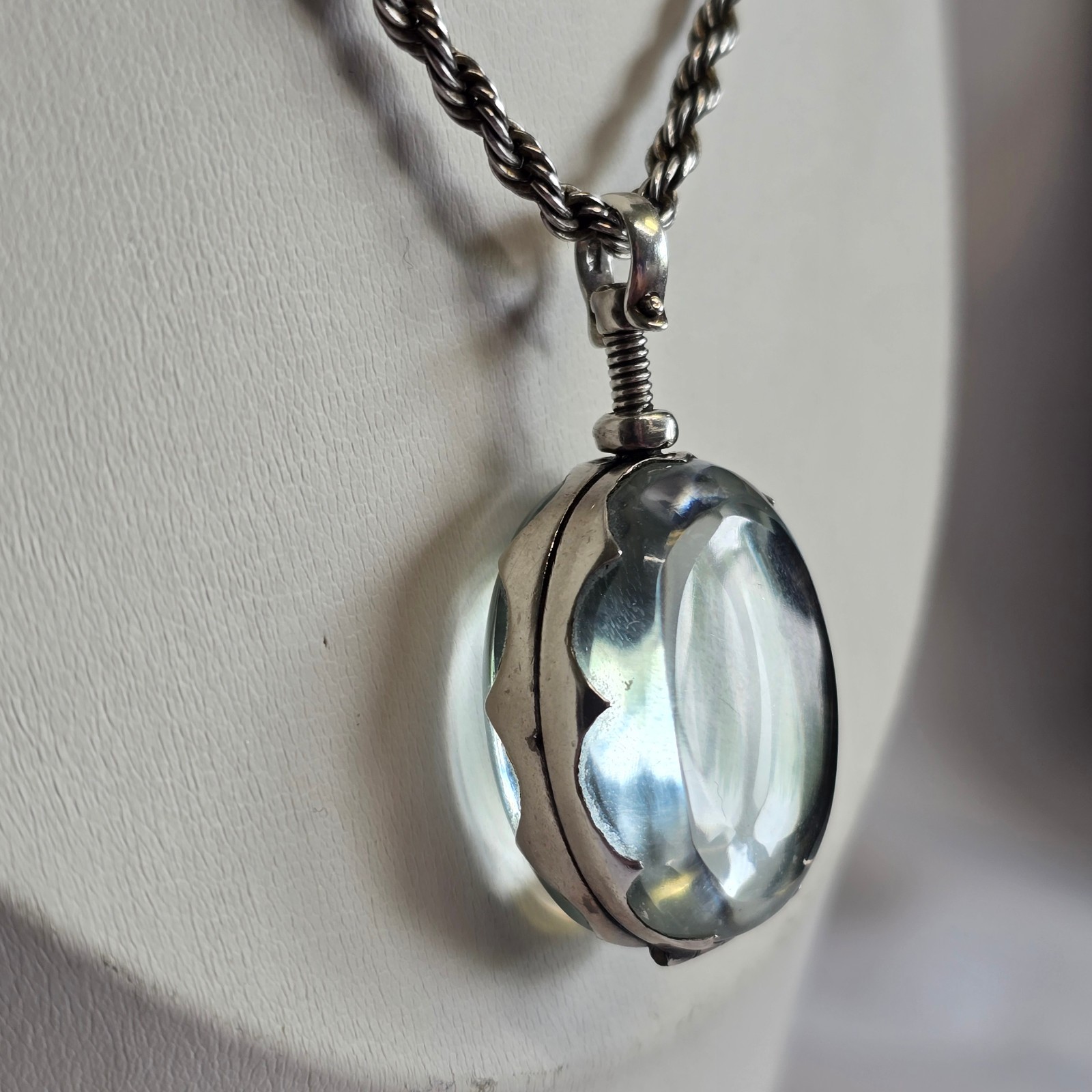 Sterling Silver Glass Locket Necklace 31.14g Fine Jewelry 24″ Rope Chain *READ*