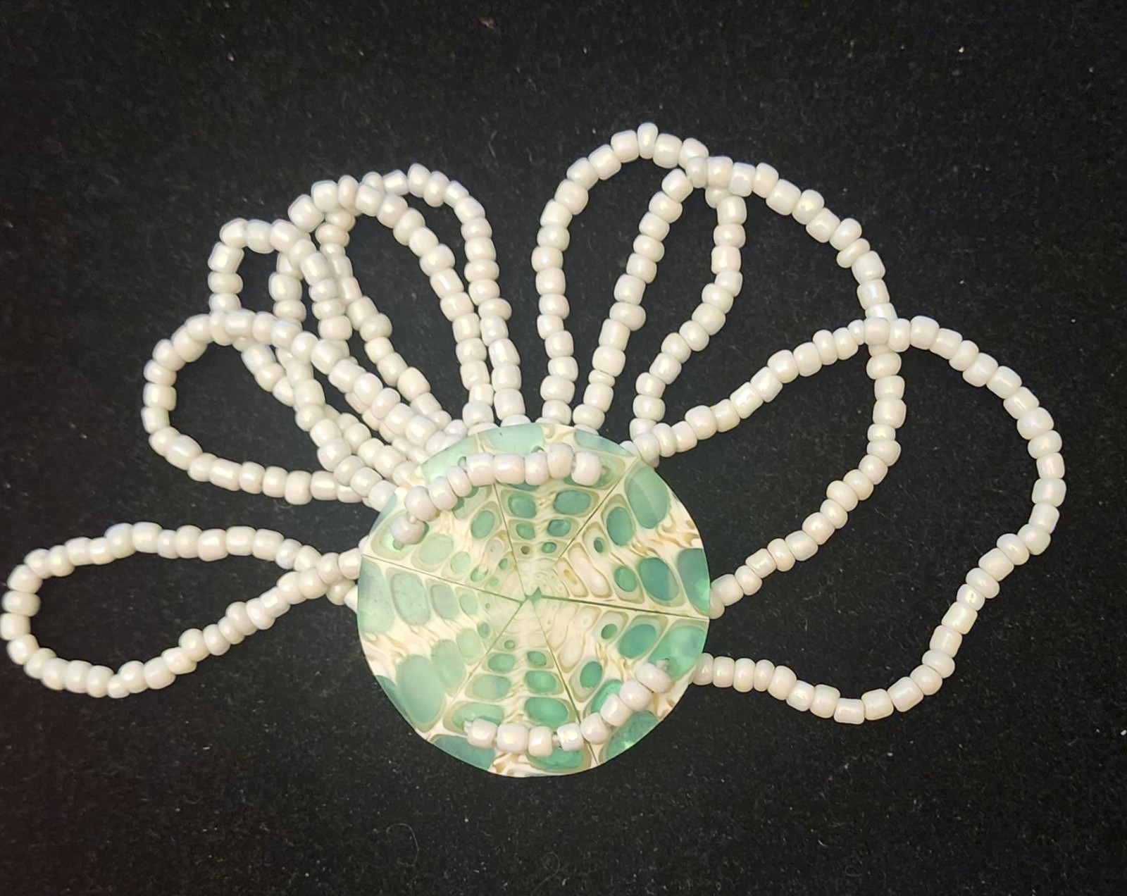 Mosaic Shell Pendant Necklace Plus Matching Stretch Bracelet 18″ 2-3/8″ Disk