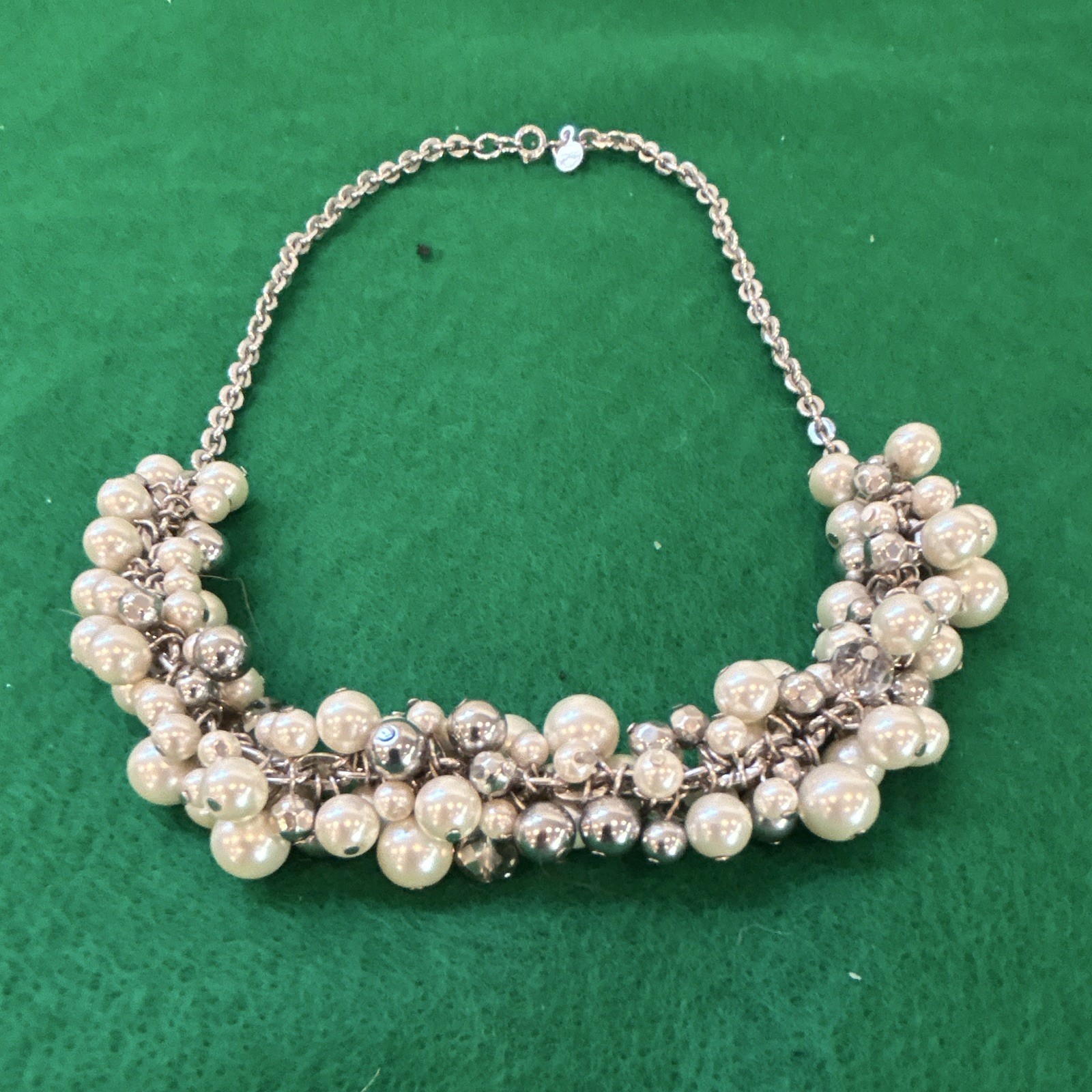 Loft Stamped Silver-Tone Cable Chain Necklace Faux Pearl Beaded Cluster
