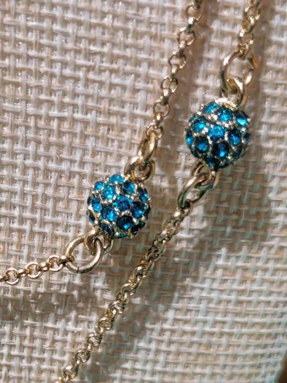 Gold Tone Layered Station Necklace Blue Round Rhinestones Adjustable Lobster