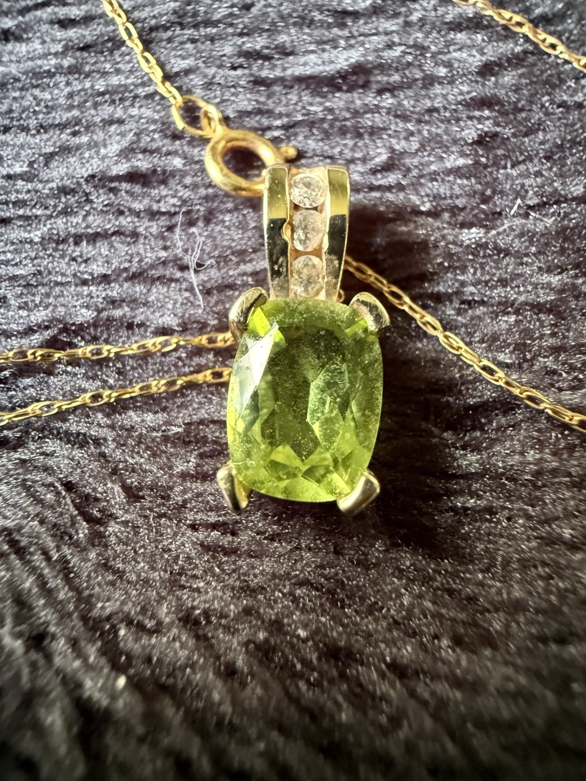 10K Yellow Gold Cushion Cut Peridot & CZ Pendant Necklace 18″ Chain 1.5g