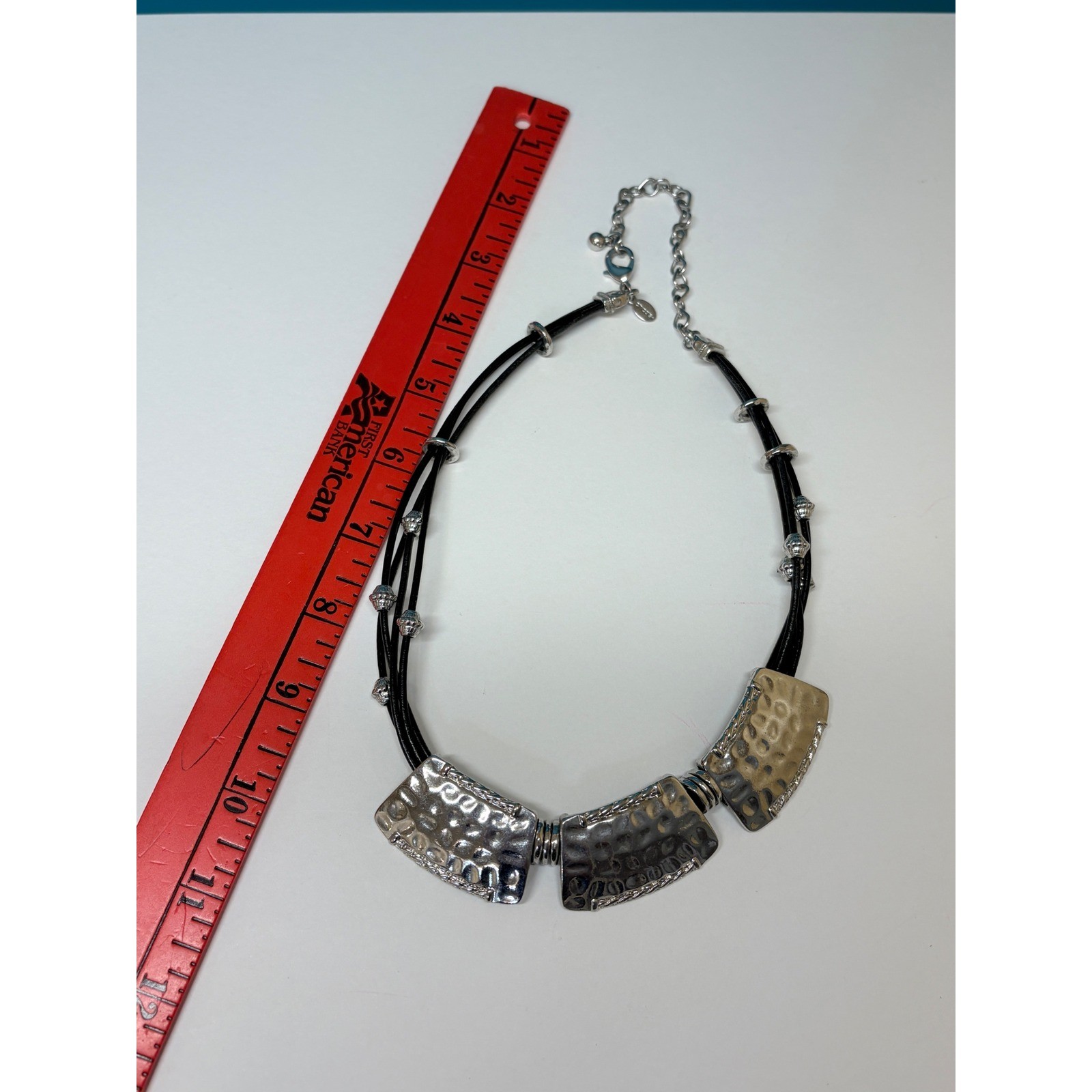 Chicos Mixed Metal Hammered Bib Statement Necklace Black Multi Strand Cord