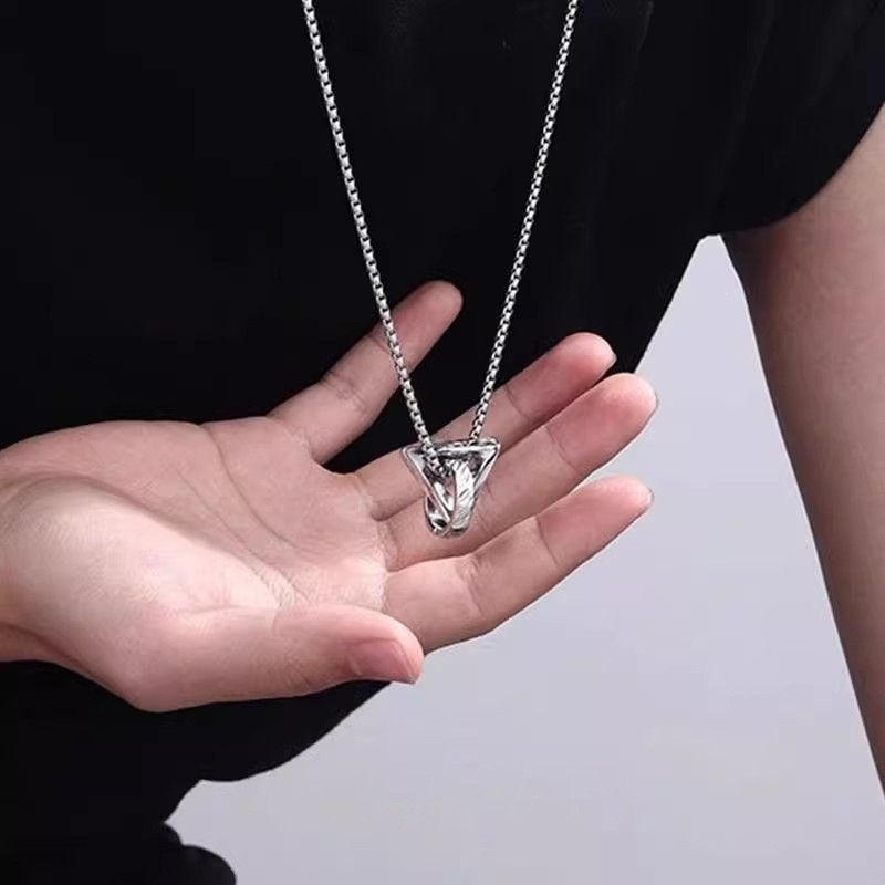 Triangle Ring Interlock Pendant Necklace Stainless Steel Silver Unisex Choker