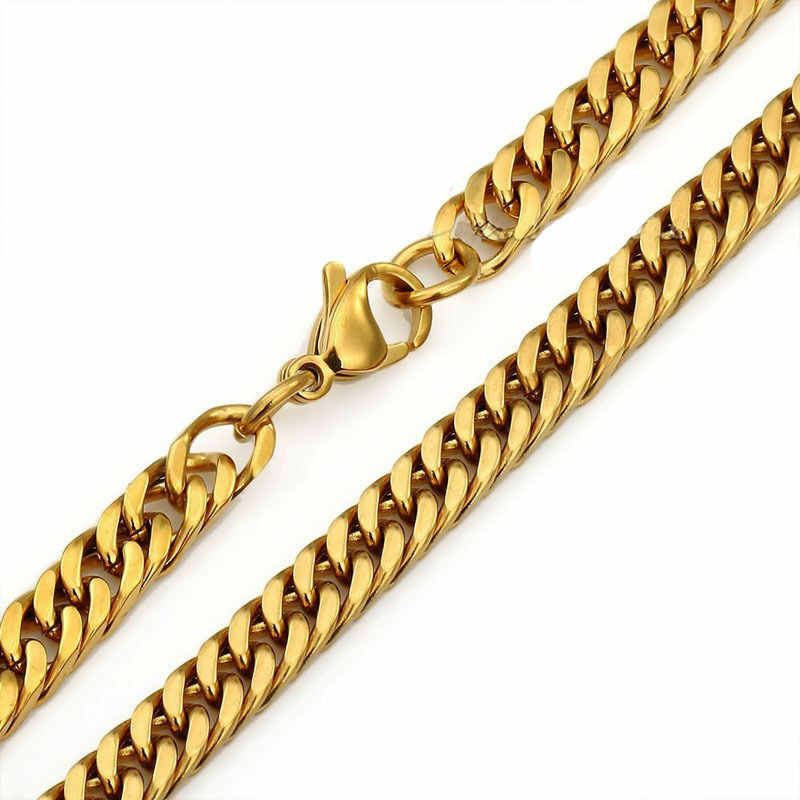 6/8/10/12/14mm Mens Boys 316L Stainless Steel 18K Gold Curb Cuban Chain Necklace