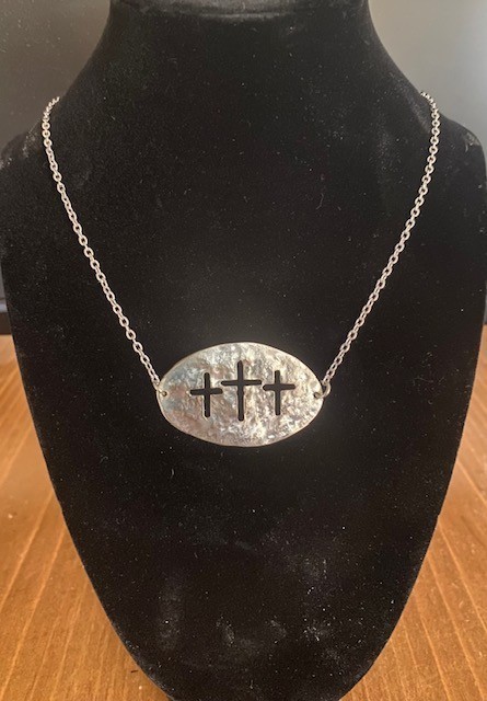 3 Cross Necklace w/ handmade pendant re-purposed from silver plated flatware