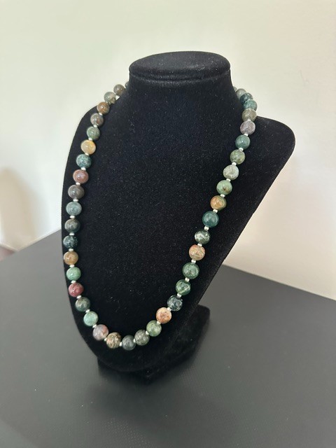 Natural Moss Agate Multicolor Round 10 mm Gemstone Beads 22″ Necklace