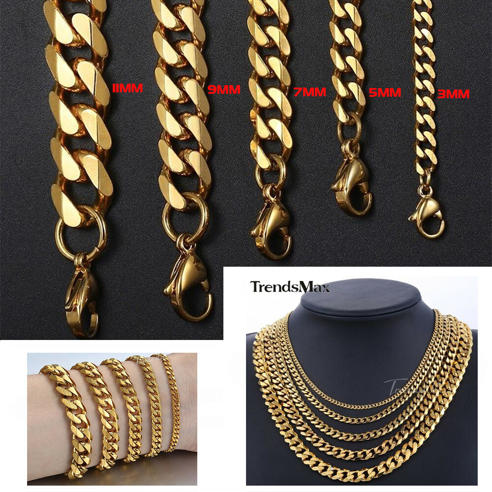 Miami Cuban Curb Link Chain Necklace or Bracelet 14K Gold Plated Stainless Steel