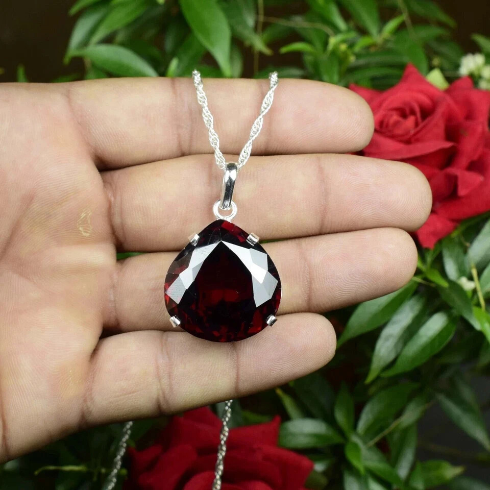 75 Ct Natural Red Zircon Pendant 925 Sterling Silver Pear Cut Gemstone Jewelry