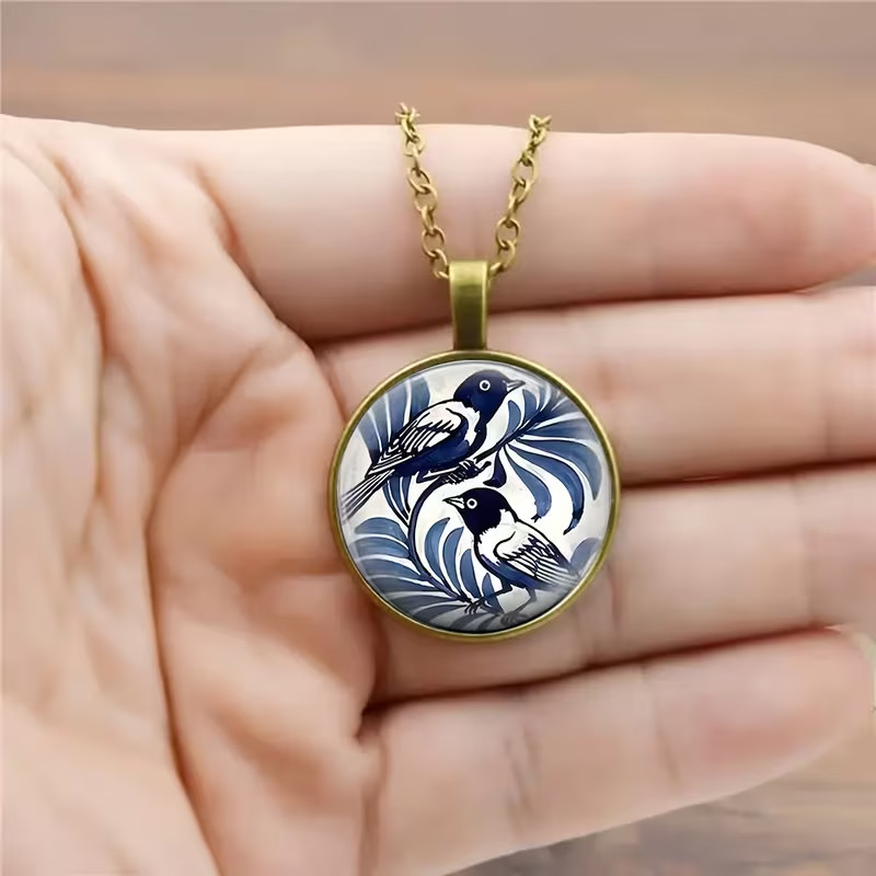 Blue & White Bird Round Pendant Necklace Fashion Jewelry Bronze Toned Gift