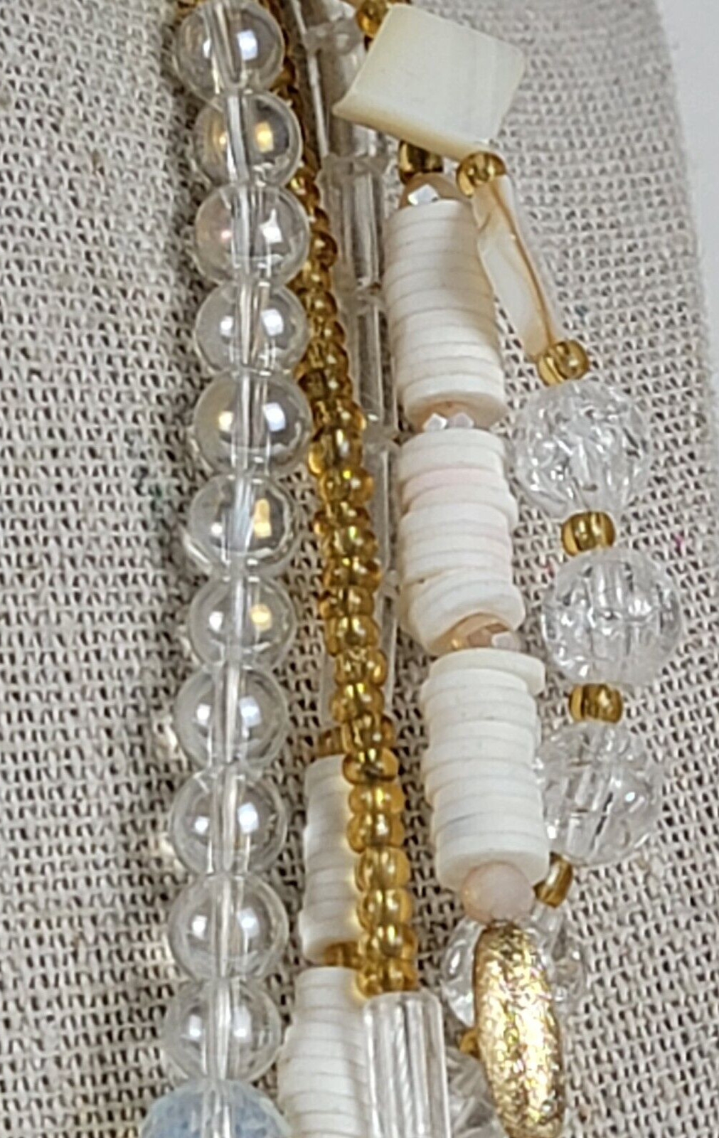 White And Gold Mother Of Pearl Glass Beaded Layered Necklace 21″ Lobstert Clasp