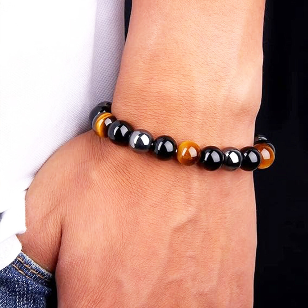 Energy Healing Stretch Bracelet Natural Stone Hematite Tiger Eye for Men Women