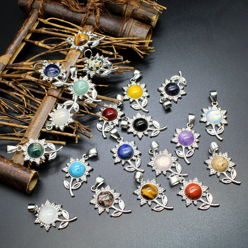 Unisex Adult Sunflower Round Natural Stone Pendant Crystal Necklace Jewelry