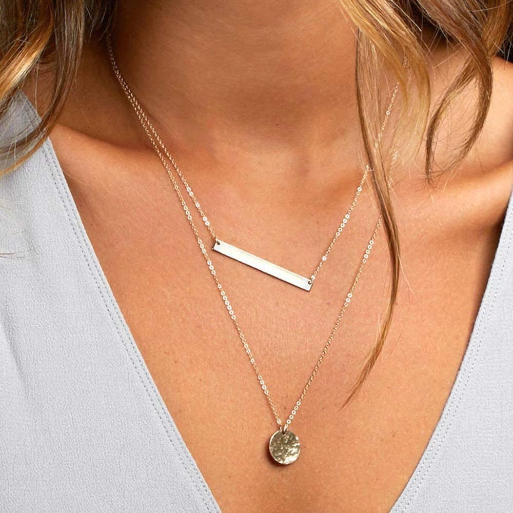 Dainty Layered Choker Necklace, Handmade Y Pendant & Bar Disc, Adjustable Jewelr
