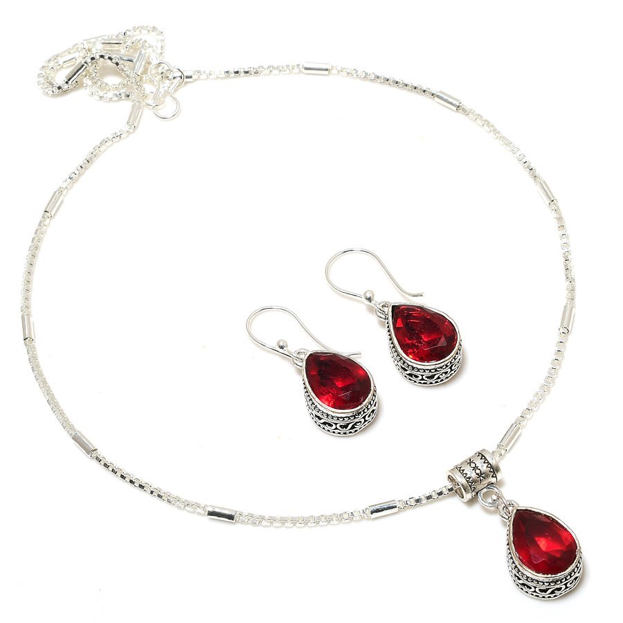 Garnet Red Quartz 925 Silver Plated Handmade Necklace & Earrings Set of 18″