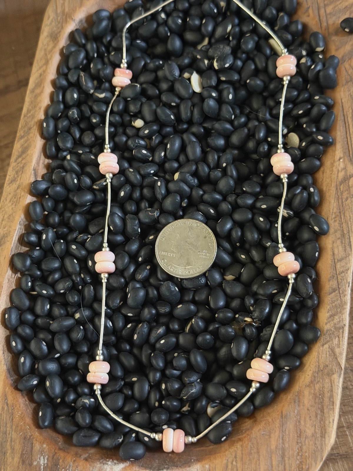 Authentic Pink Conch Beads and Liquid Silver Necklace with Spring Ring Closure