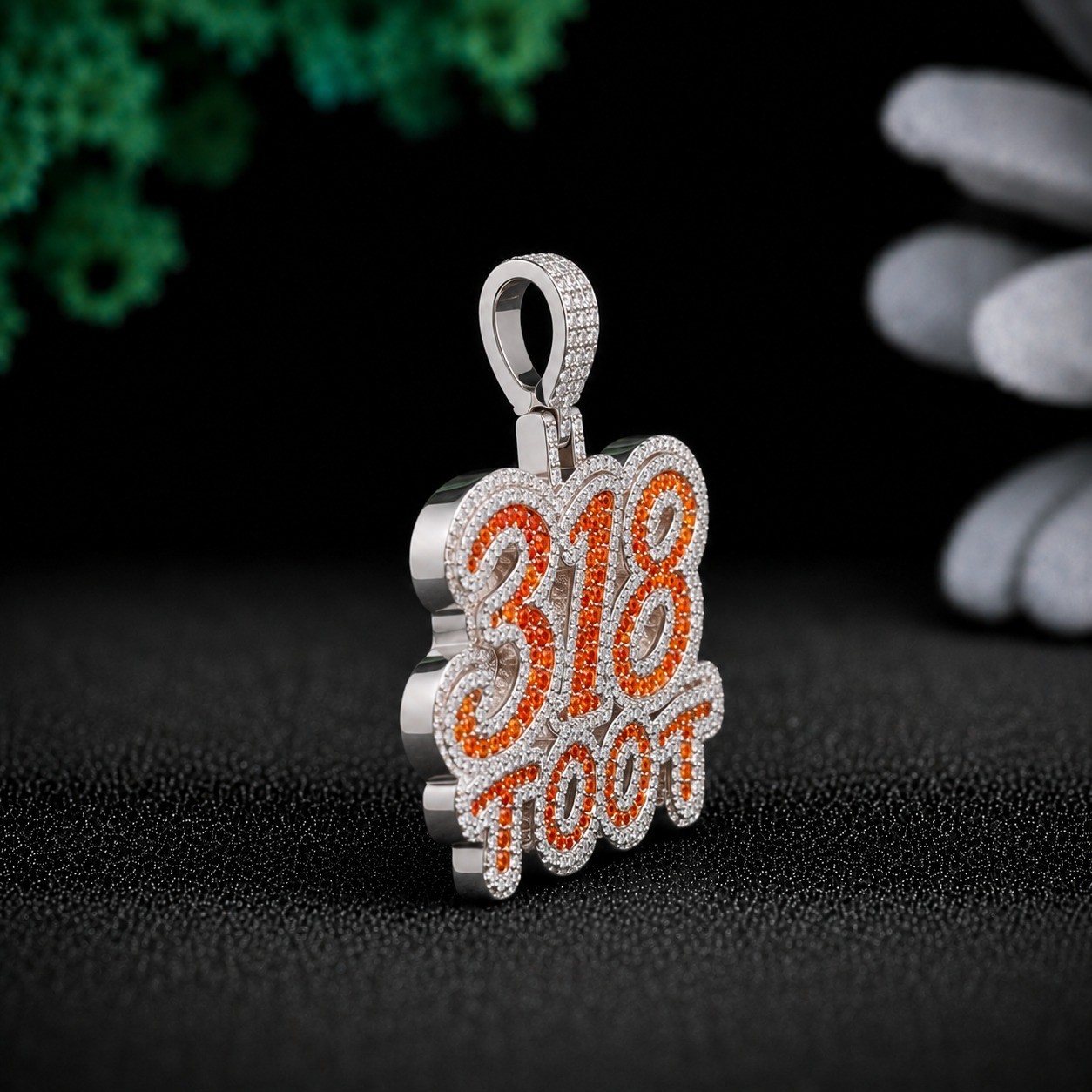 318 Toot Iced Out Pendant 925 Sterling Silver Orange CZ Hip Hop Necklace