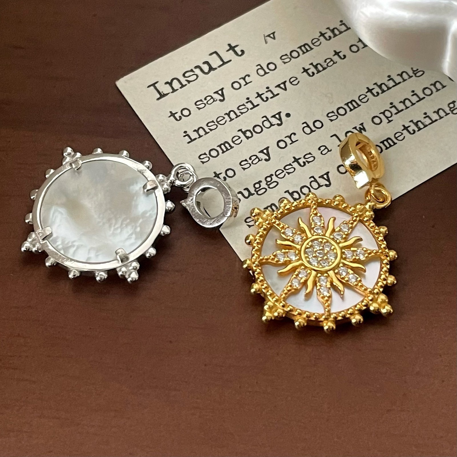 Sunburst Pendant Clear Stone Iridescent Inlay Gold or Silver 925 Sterling Silver