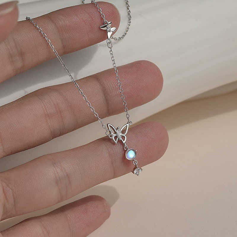 Silver Butterfly Necklace with Zircon Pendant for Women