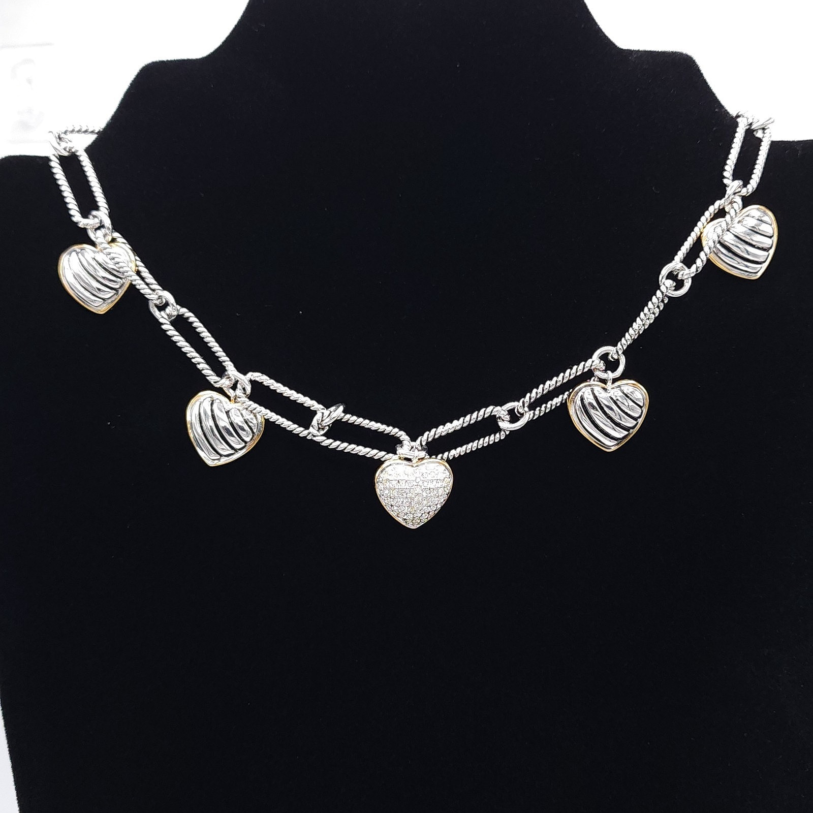 Heart Charm Necklace Paperclip Chain Rhinestone Pave Heart Toggle Clasp 16in