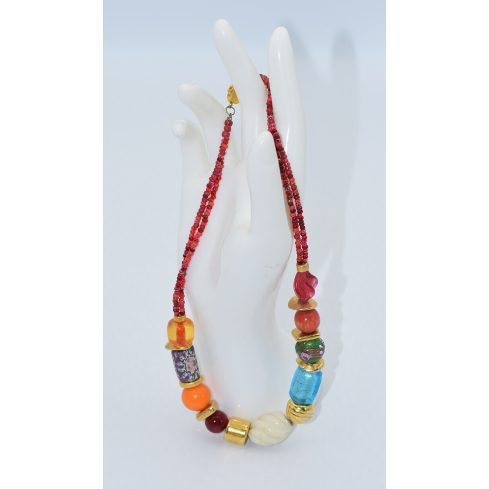 Bohemian Boho Hand Crafted Venetian Trade Bead Statement Necklace Lock Clasp