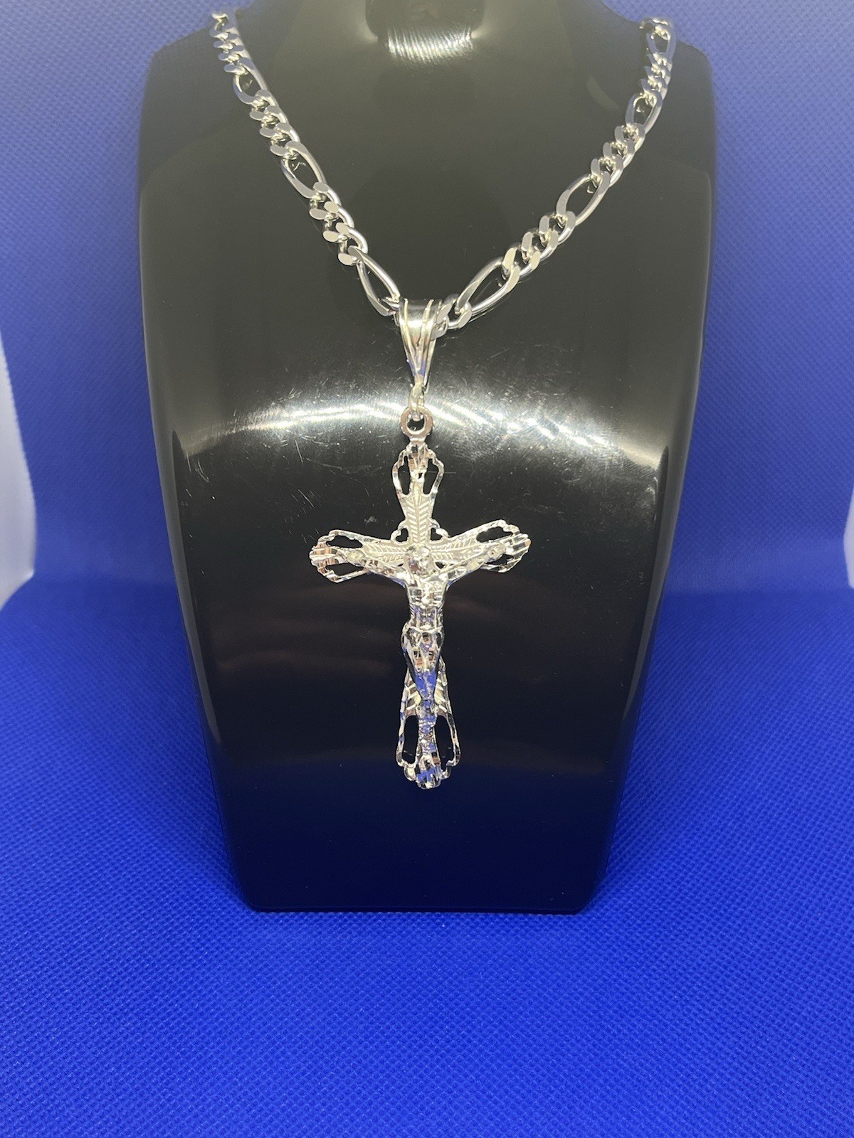 Silver Figaro Chain Necklace With Cross Pendant Religious