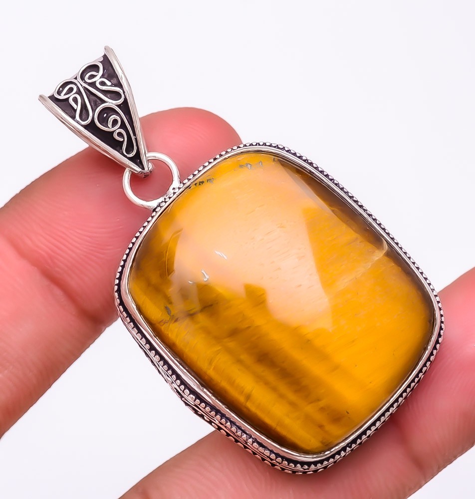 Natural Tiger’S Eye Gemstone 925 Silver Plated Pendant 2.0″ F2574
