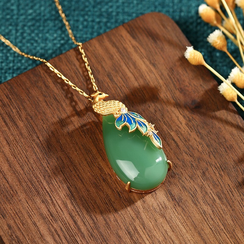 Jade Pendant Necklace Charm 18K Gold Plated Chain Phoenix Bird Dainty Gemstone