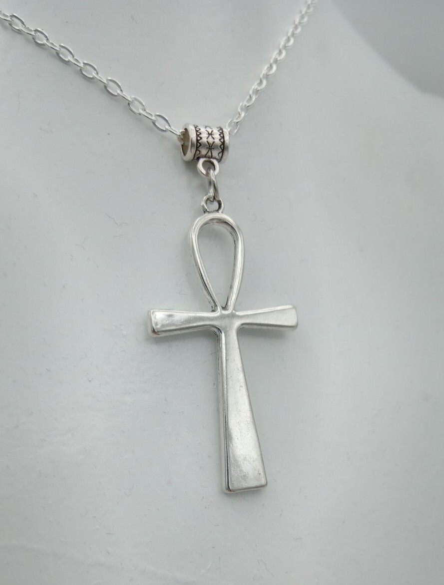 Ankh Necklace Large Key of Life CROSS Pendant Big Goth Rock Vintage silver tone