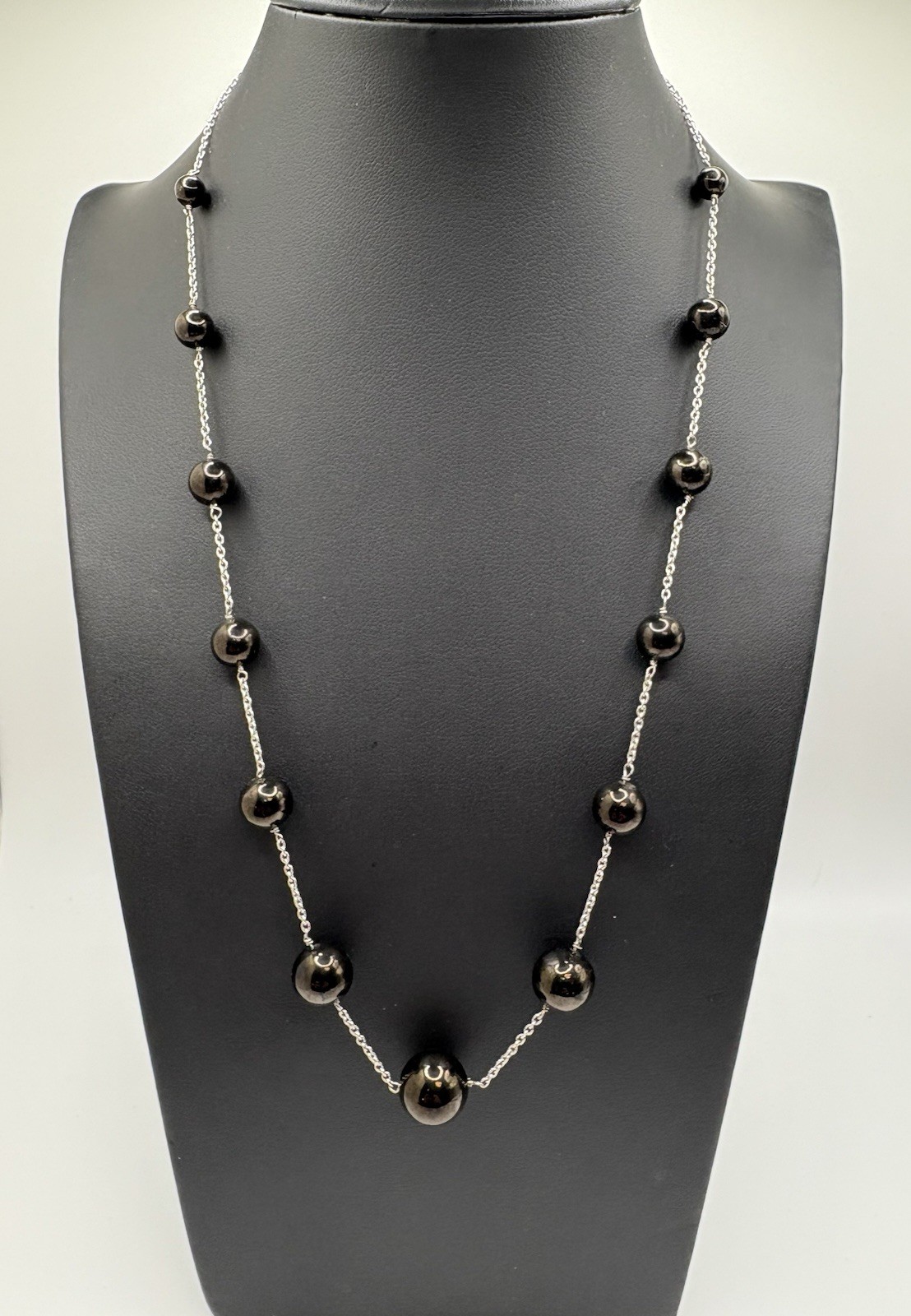 Elite Shungite Station Necklace 20” Sterling Silver Rhodium Finish Black Beads