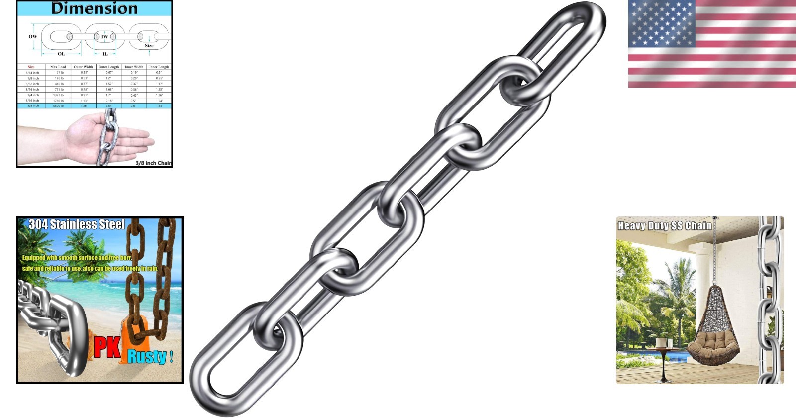 Stainless Steel Chain 3/8in Heavy Duty 6.5ft Security Load 5500lb