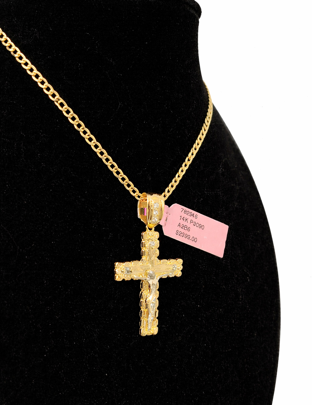 REAL 14k Cuban Curb Link Necklace Chain Nugget Cross 2.5mm 16 inches Ladies