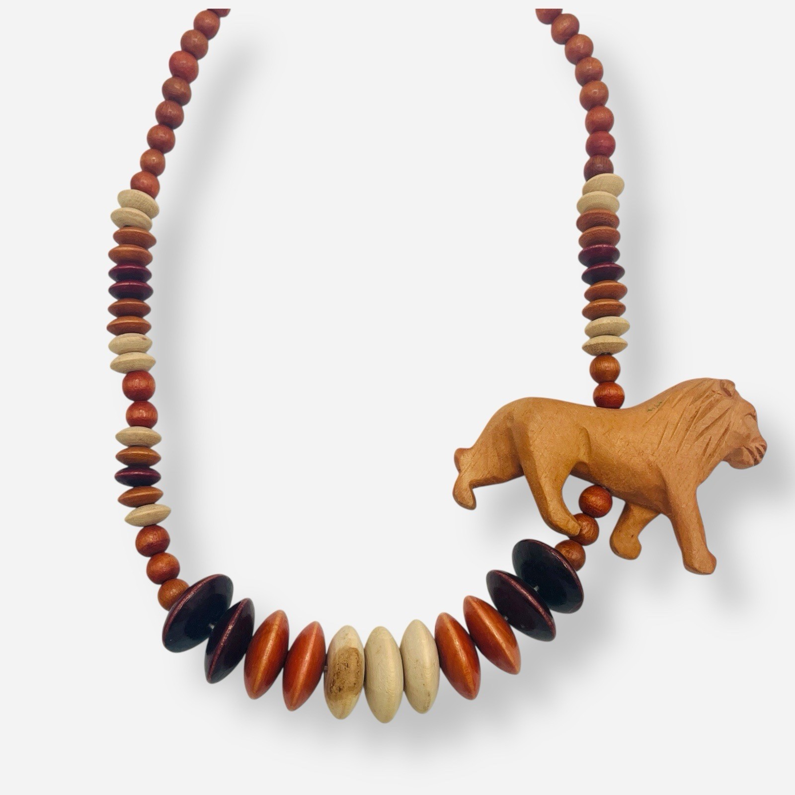 Large Wood Safari Statement Necklace Lion Carved 27” Beaded Graduated