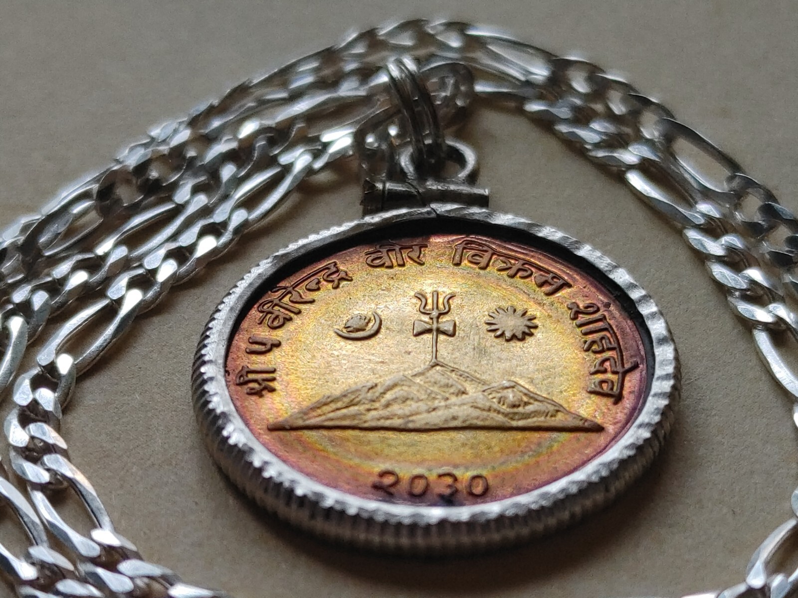Sunrise & Sickle Moon Himalayan Mountain Nepal coin pendant & Italian 925 chain