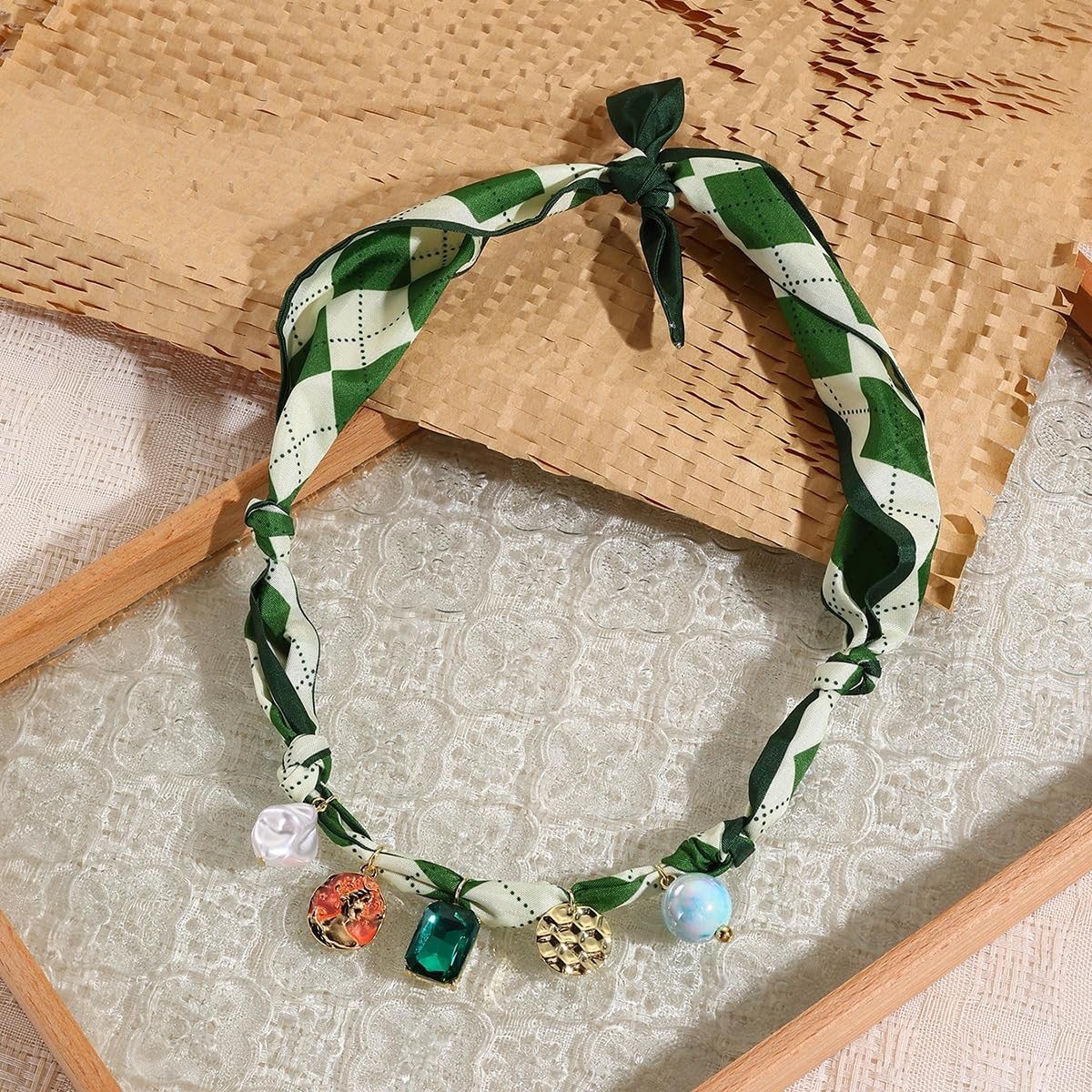 Scarf Bandana Necklace with Charm Colorful Silk Flower Crystal Medium, Green