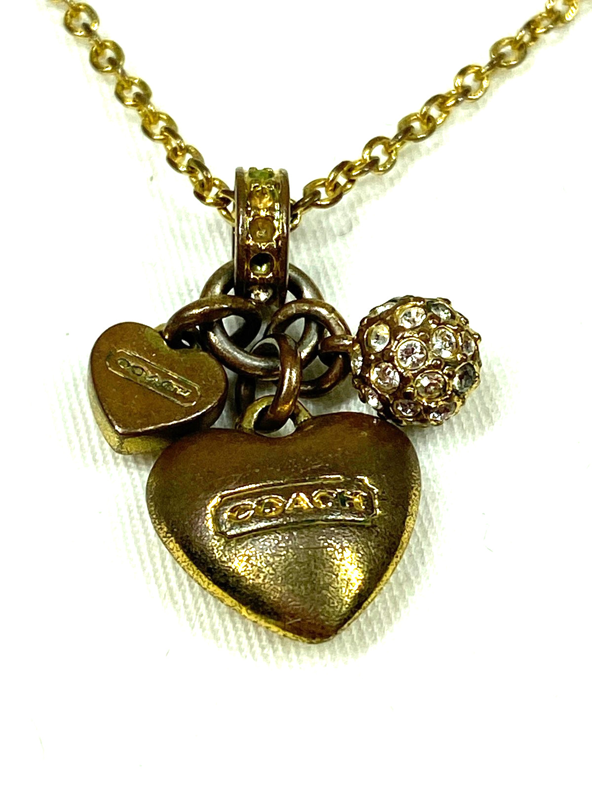 Coach Gold Tone Charm Necklace Heart With Clear Crystals Small Heart Crystal ++
