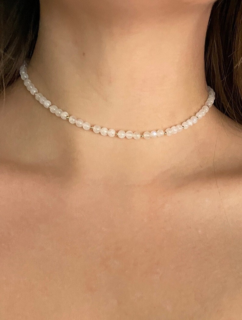 White Moonstone Smooth Round Gemstone Gold Filled Beads Handmade Necklaces 18”