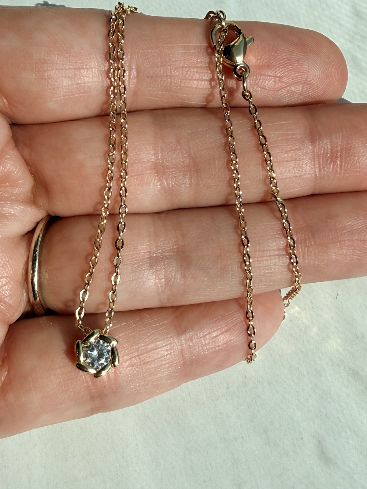 Yellow Gold Plated Cable Chain Necklace Round White CZ Prong Charm Adjust