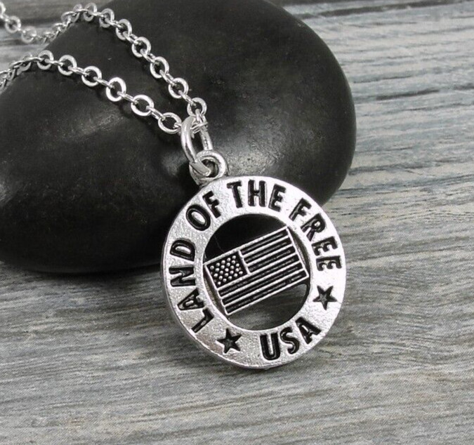 Patriotic Necklace – Land of the Free Charm Necklace – Proud American USA Charm