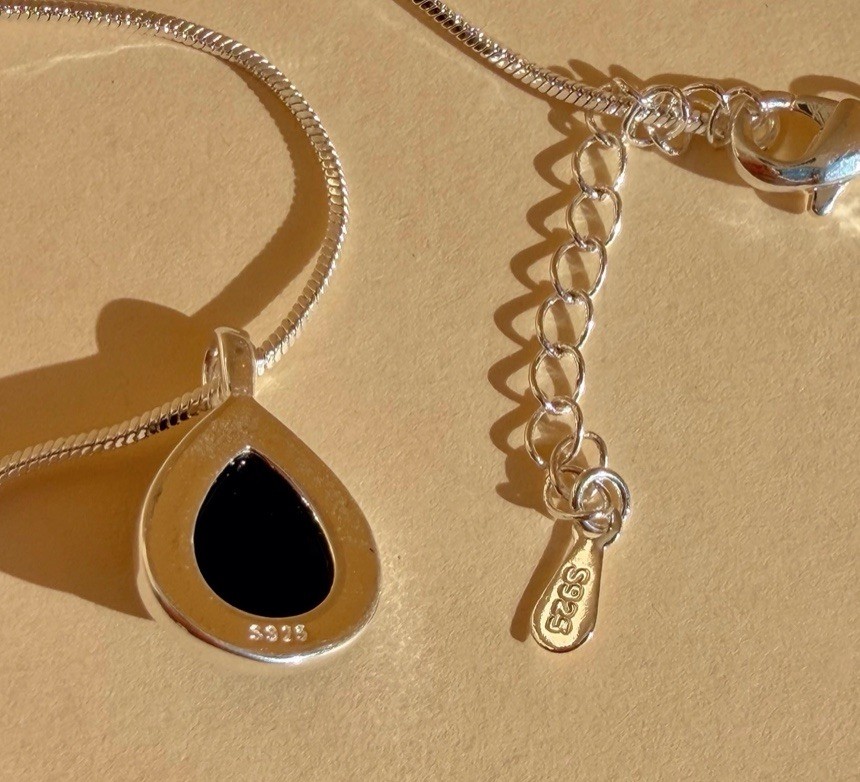 925 Sterling Silver Black Onyx Teardrop Pendant Necklace snake Chain 033