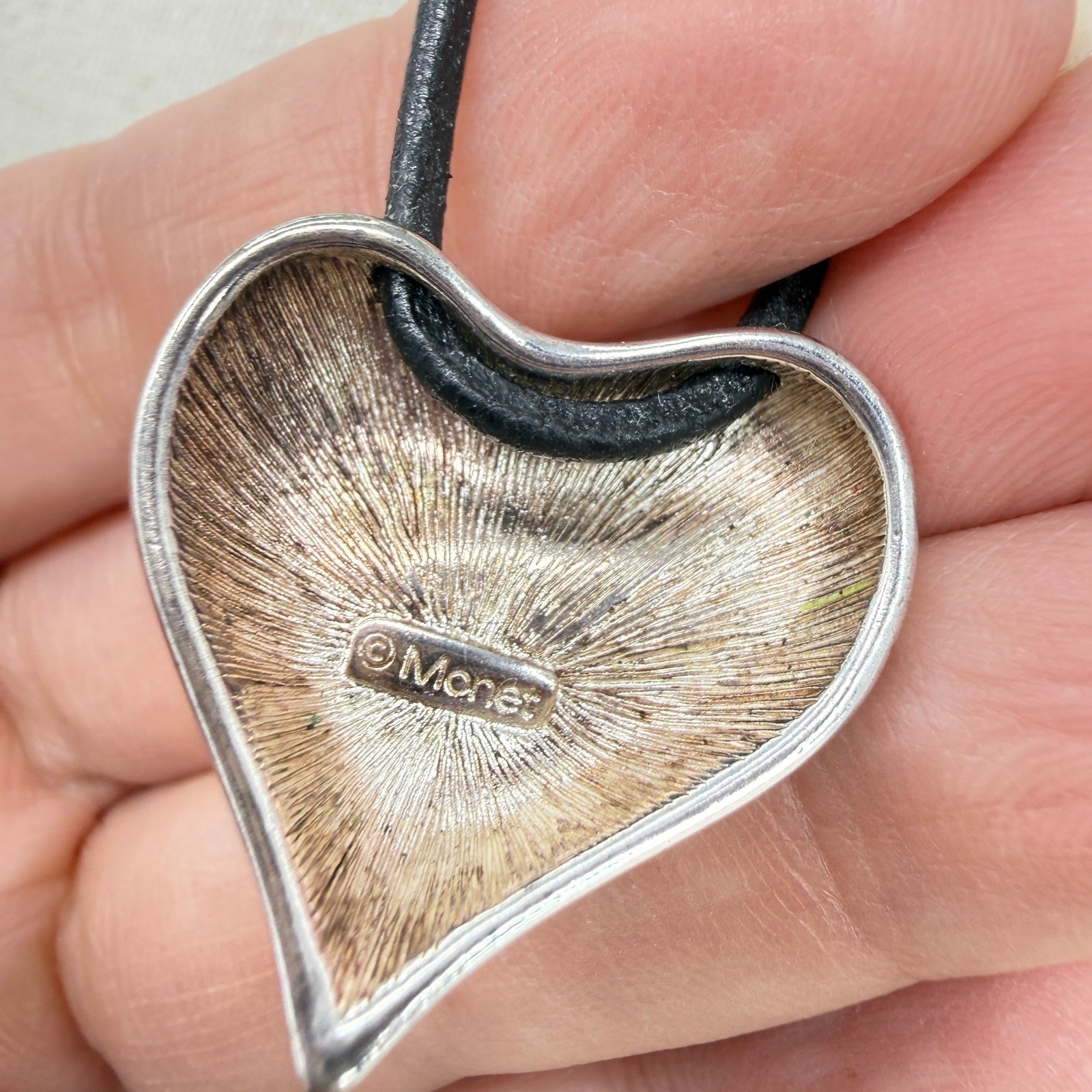 Monet Heart Pendant Necklace Black Cord Silver Tone Modern Signed
