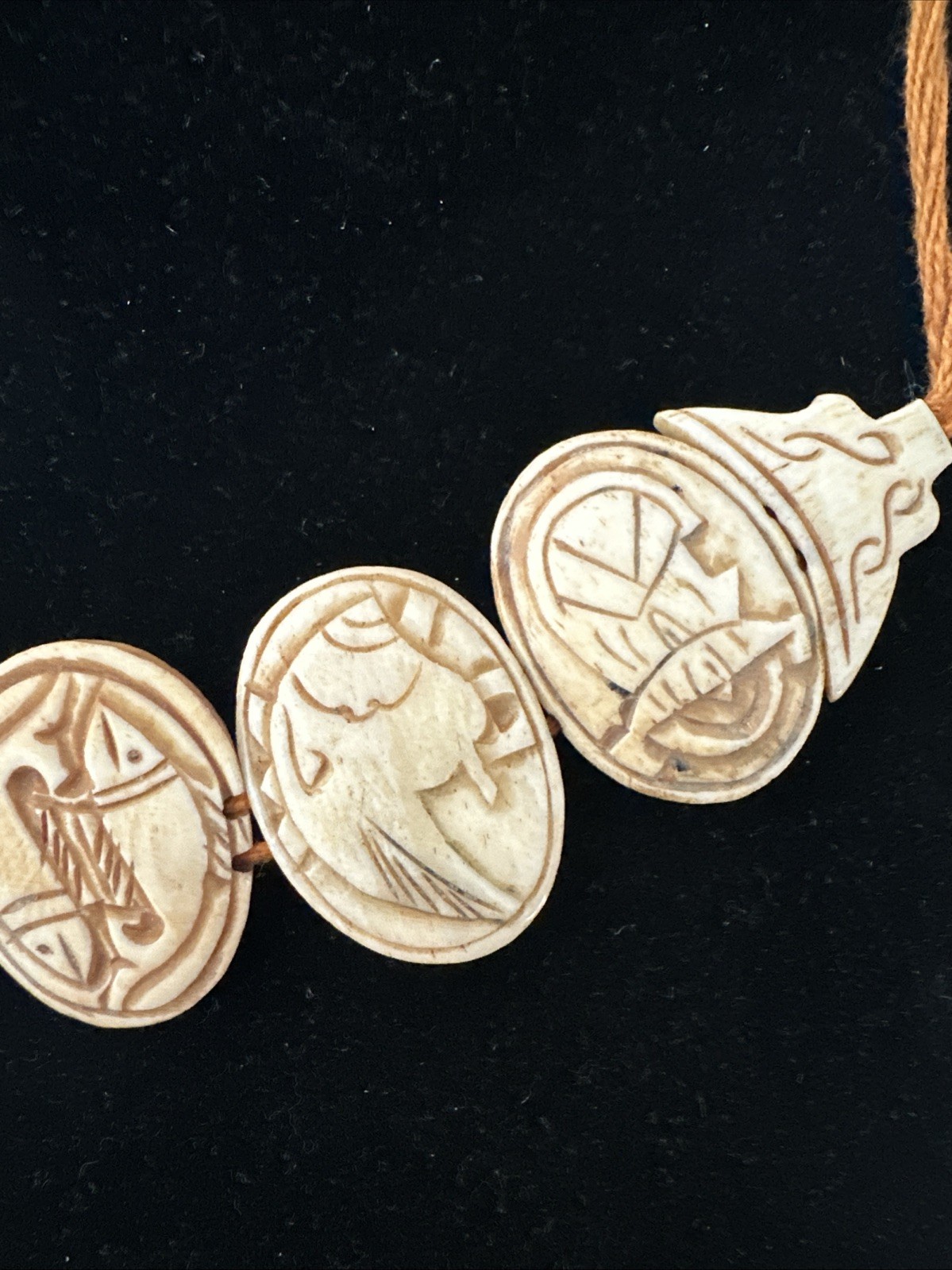 Nepal 8 Auspicious Symbols Hand Carved Necklace Yak Bone 16 in