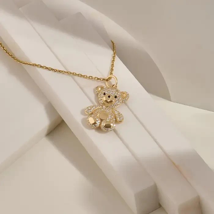 2Ct Round Cut Simulated Diamond Teddy Bear Shape Pendant 14K Yellow Gold Plated