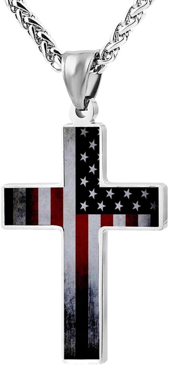 American Flag Patriotic Cross Pendant Necklace Christian Religious Men&women