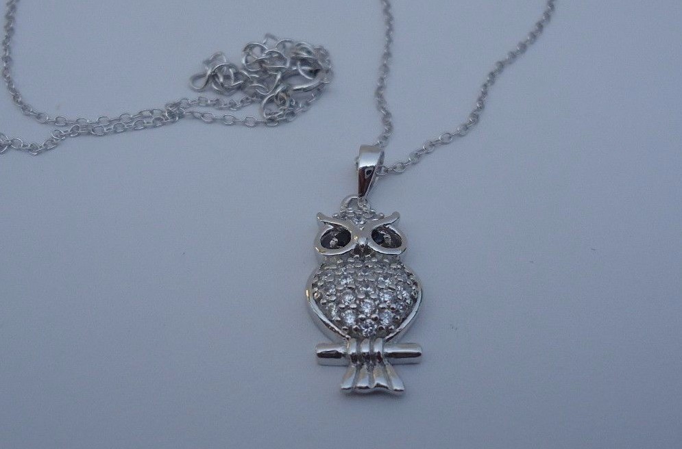 925 STERLING SILVER DESIGNERS OWL PENDANT NECKLACE W/ 1 CT LAB CREATED DIAMONDS