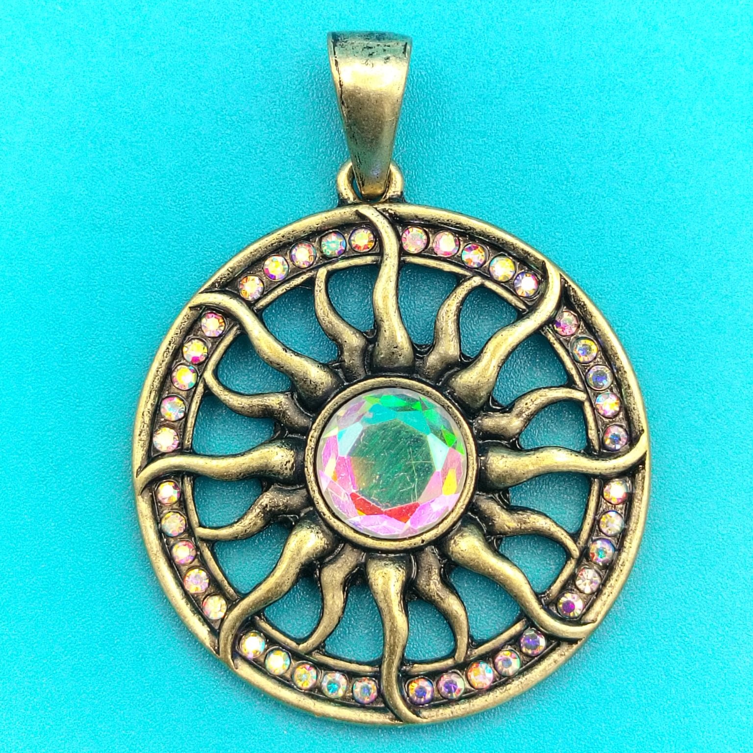 Sunburst Pendant AB Rhinestone Antique Gold Tone Celestial Boho Jewelry
