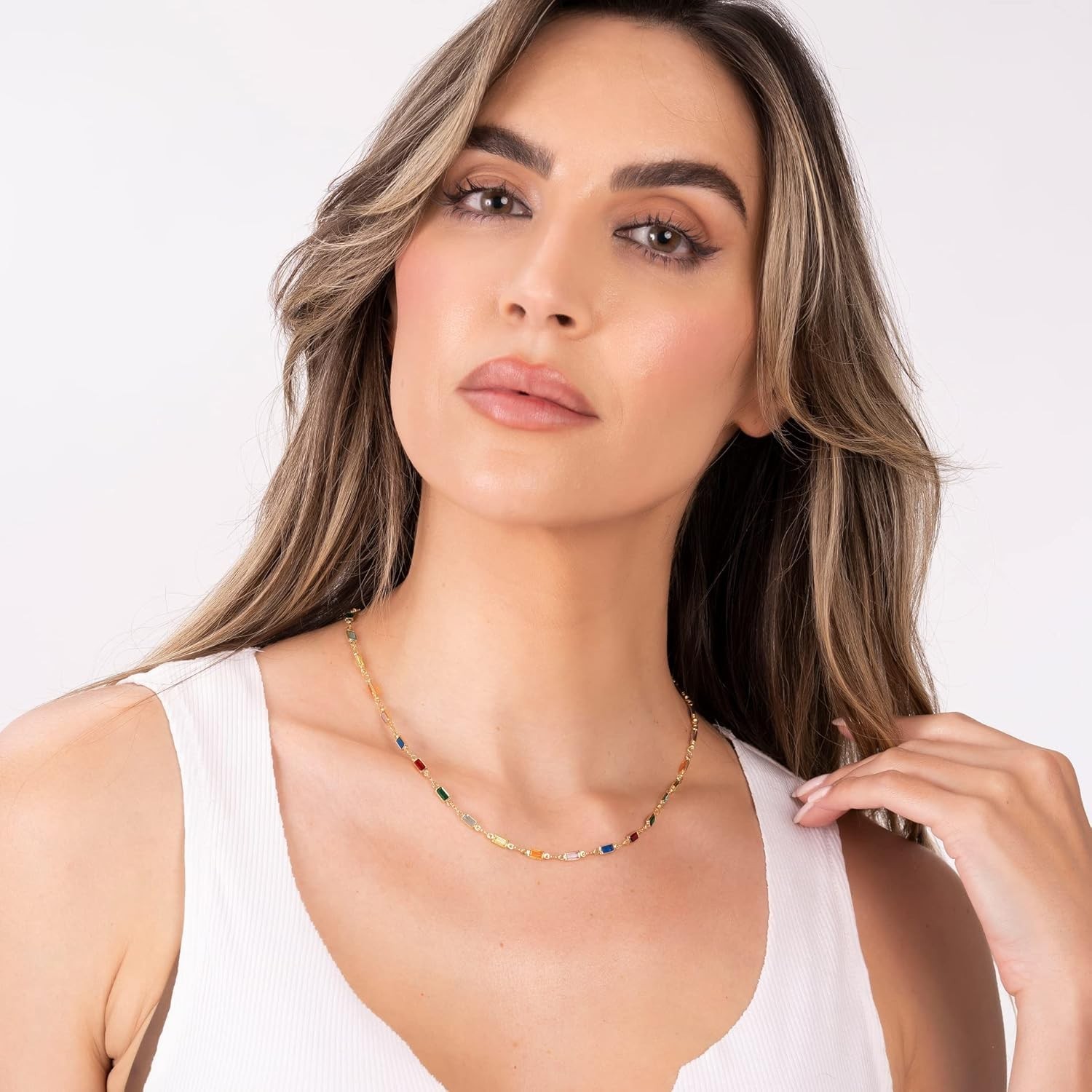 18K Gold Plated Multi Stone Crystal Baguette Necklace for Women – Made In Brazil
