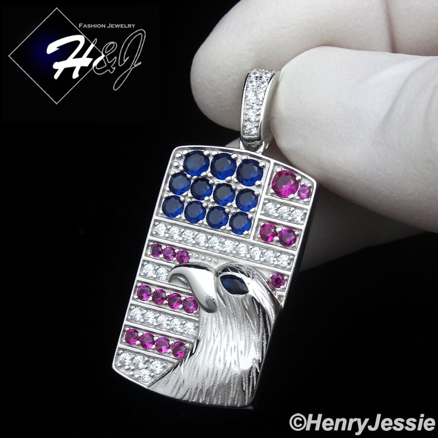 MEN SOLID 925 STERLING SILVER ICY BLING CZ 3D EAGLE DOG TAG CHARM PENDANT*SP465