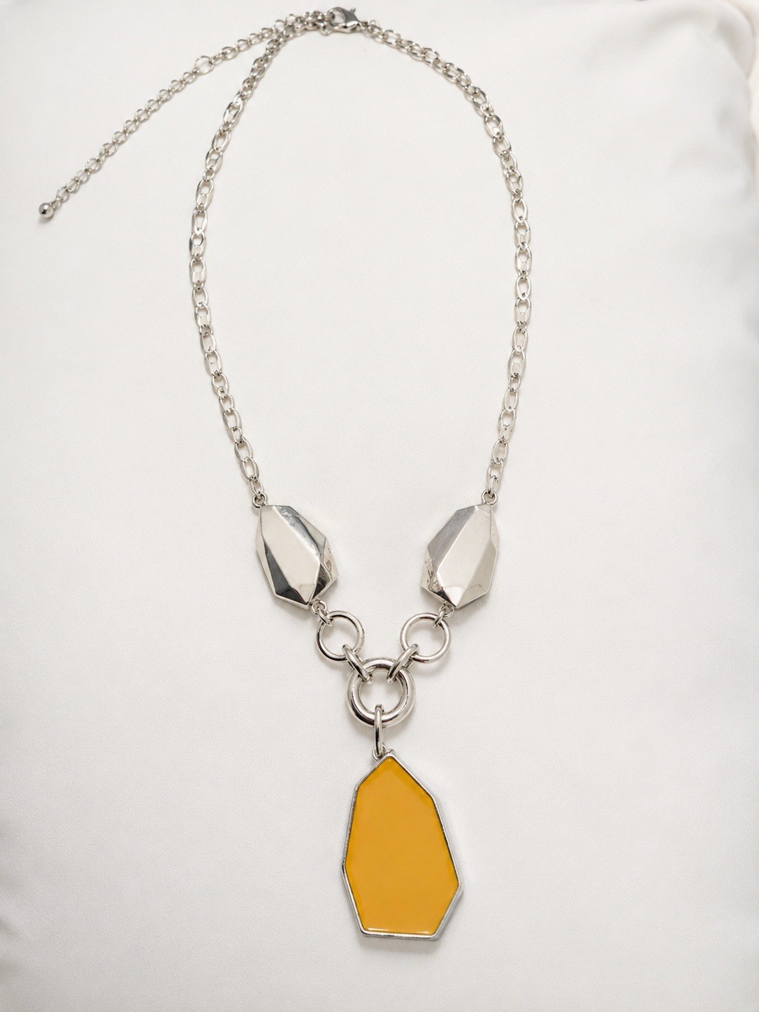 Silver Tone Geometric Yellow Pendant Necklace Modern Statement Adjustable Cable