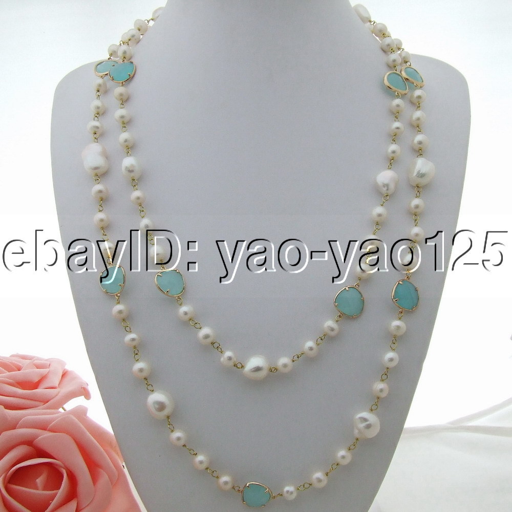 S122901 44″ 15mm White Baroque Keshi Pearl Blue Crystal Necklace