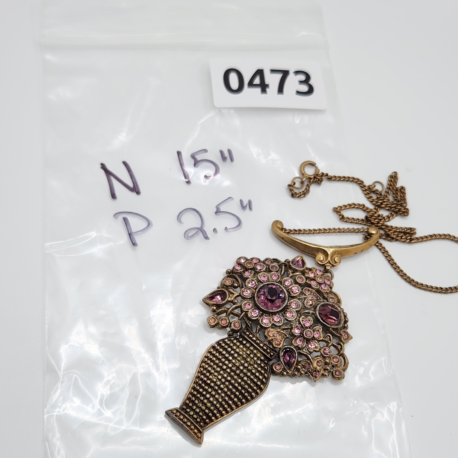 Vintage Floral Vase Pendant Necklace Purple Rhinestone Victorian Revival Gold